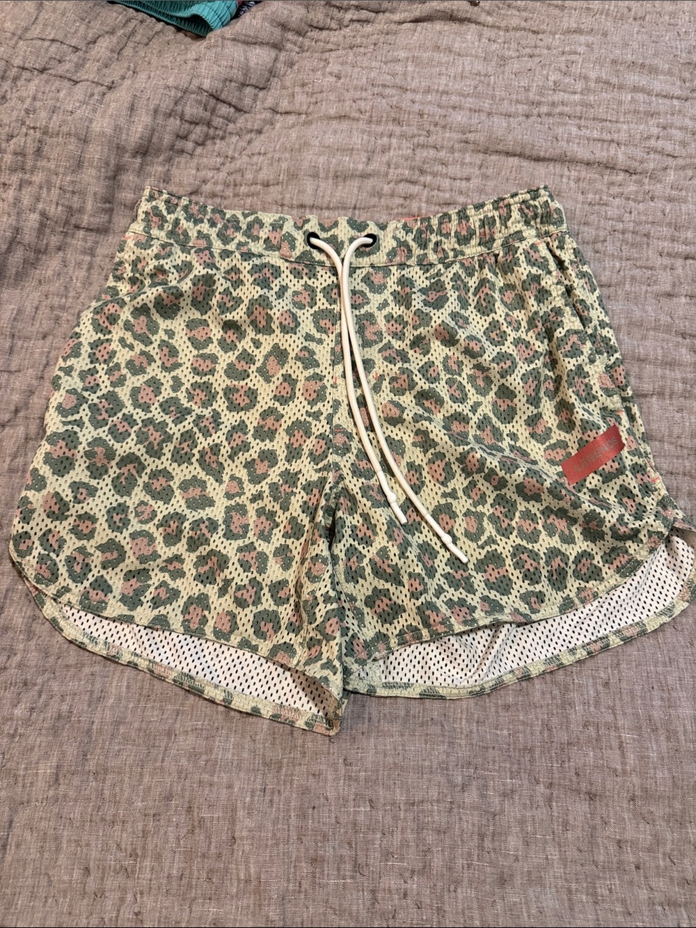 Men's Green Leopard Print Swim Trunks with Drawstring